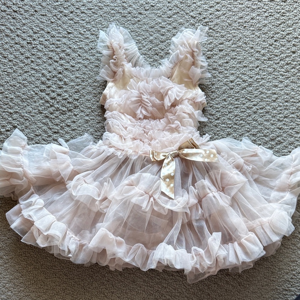 Popatu Blush Pink Layered Tulle Dress with Gold Polka Dot Bow